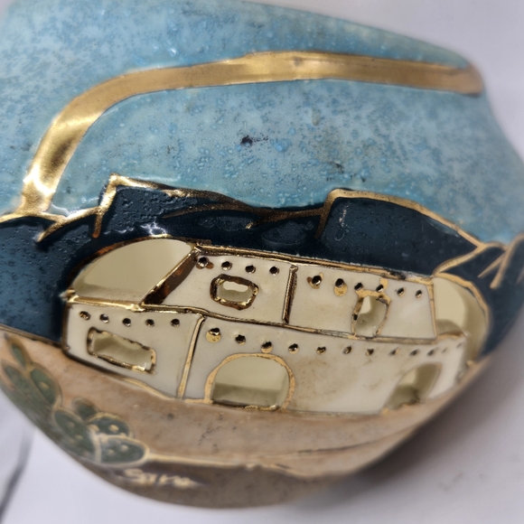 Gina Arrighette Southwestern Pueblo cactus Desert Art Pottery Gold Gilt Vase 22k - Picture 9 of 16